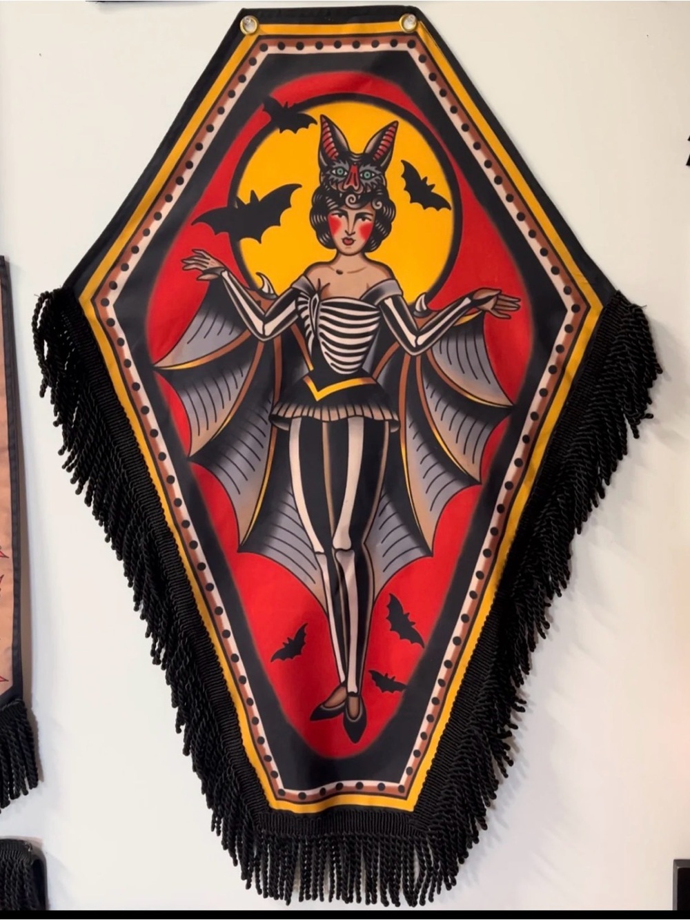 TattooVintage-Style Bat Girl Coffin Banner — Red, Black, Yellow